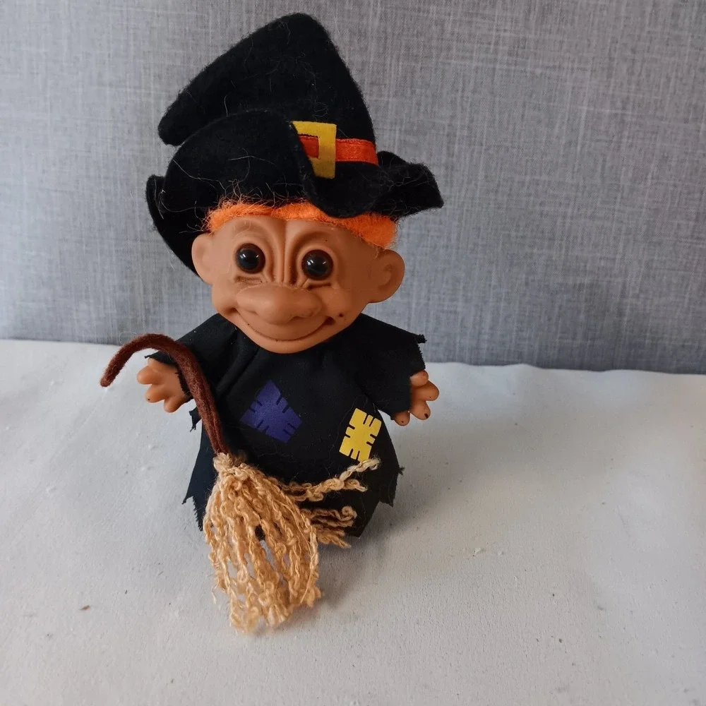 Russ Halloween Witch Troll Doll Orange Hair Black Hat Broom Vintage Figure 5